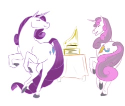 Size: 950x800 | Tagged: safe, artist:biscuits, rarity, sweetie belle, horse, pony, unicorn, dancing, gramophone, older, older sweetie belle, realistic, record player