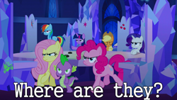 Size: 1920x1080 | Tagged: safe, derpibooru import, edit, edited screencap, screencap, applejack, fluttershy, pinkie pie, rainbow dash, rarity, spike, twilight sparkle, twilight sparkle (alicorn), alicorn, changeling, dragon, earth pony, pegasus, pony, unicorn, to where and back again, disguise, disguised changeling, fake applejack, fake fluttershy, fake pinkie, fake rainbow dash, fake rarity, fake spike, fake twilight, mane seven, mane six