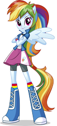 Size: 3011x6684 | Tagged: safe, artist:illumnious, derpibooru import, rainbow dash, equestria girls, absurd resolution, boots, bracelet, clothes, compression shorts, crossed arms, equestria girls plus, looking at you, magazine, ponied up, ponytail, simple background, skirt, smiling, socks, solo, transparent background, vector, wings, wristband