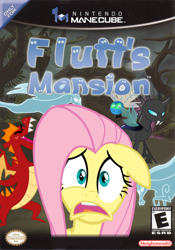 Size: 640x912 | Tagged: safe, artist:nickyv917, fluttershy, garble, changeling, dragon, parasprite, pegasus, pony, windigo, crossover, fluttershy's mansion, game, game cover, gamecube, luigi's mansion, super mario bros., video game