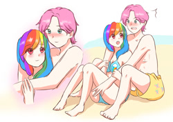 Size: 1024x724 | Tagged: safe, artist:chamomilatea, butterscotch, fluttershy, rainbow dash, human, barefoot, beach, bikini, butterdash, clothes, feet, female, flirting, half r63 shipping, humanized, male, rule 63, shipping, straight, swimsuit