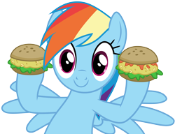 Size: 3912x3001 | Tagged: safe, artist:cloudyglow, derpibooru import, rainbow dash, pegasus, pony, trade ya, .ai available, burger, cute, female, food, hamburger, hay burger, mare, oat burger, oats, simple background, smiling, solo, spread wings, transparent background, vector, wings