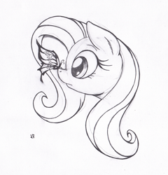 Size: 682x711 | Tagged: safe, artist:joey darkmeat, fluttershy, butterfly, pegasus, pony, monochrome, solo, traditional art