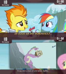 Size: 640x720 | Tagged: safe, derpibooru import, edit, edited screencap, screencap, fluttershy, rainbow dash, spike, spitfire, dragon, pegasus, pony, rainbow falls, secret of my excess, cinemare sins, female, mare, spikezilla