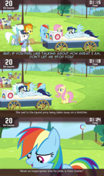 Size: 640x1080 | Tagged: safe, derpibooru import, screencap, cloud kicker, fleetfoot, fluttershy, rainbow dash, rainbowshine, soarin', spitfire, warm front, pegasus, pony, rainbow falls, cinemare sins