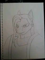 Size: 306x408 | Tagged: safe, fluttershy, anthro, armor, bust, flutterguy, male, monochrome, portrait, rule 63, scar, simple background, traditional art, white background