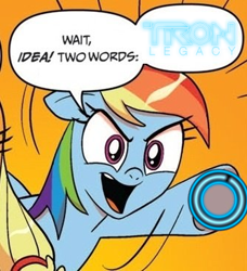 Size: 334x366 | Tagged: safe, derpibooru import, idw, applejack, rainbow dash, earth pony, pegasus, pony, blonde mane, blue coat, blue wings, comic, dialogue, exploitable meme, female, mare, meme, multicolored hair, open mouth, orange background, raised hoof, raised leg, simple background, smiling, speech bubble, tron, tron legacy, two words meme, underhoof, wings