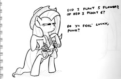 Size: 747x487 | Tagged: safe, artist:docwario, fluttershy, pegasus, pony, bipedal, dirty harry, flower, monochrome, solo