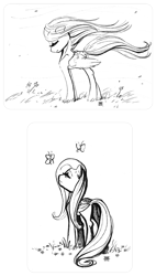 Size: 700x1233 | Tagged: safe, artist:cosmicunicorn, fluttershy, butterfly, pegasus, pony, eyes closed, monochrome, sketch, windswept mane