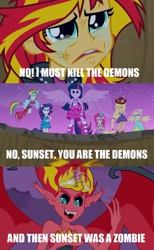 Size: 683x1107 | Tagged: safe, derpibooru import, applejack, fluttershy, pinkie pie, rainbow dash, rarity, sunset satan, sunset shimmer, twilight sparkle, equestria girls, equestria girls (movie), big crown thingy, caption, crying, doom, doom: repercussions of evil, image macro, meme