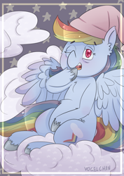 Size: 1000x1414 | Tagged: safe, artist:vogelchan, derpibooru import, rainbow dash, pegasus, pony, cloud, hat, nightcap, sleepy, solo