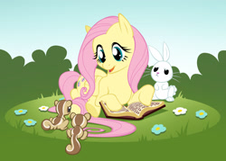 Size: 2426x1734 | Tagged: safe, artist:evanstanley, angel bunny, fluttershy, pegasus, pony, book, female, mare