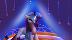 Size: 1920x1079 | Tagged: safe, artist:glitchyfoxes, artist:ligax, rarity, pony, unicorn, balcony, female, floppy ears, glowing horn, horn, indoors, lidded eyes, looking at you, mare, night, solo, three quarter view