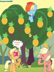 Size: 2448x3264 | Tagged: safe, artist:rainbowyoshi305, derpibooru import, applejack, rainbow dash, oc, earth pony, pegasus, pony, april fools, ashleigh ball, biting pear of salamanca, eyes closed, food, grin, laughing, nose in the air, pineapple, pineapplejack, ponysona, raised hoof, smiling, tree, yelling