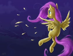 Size: 1584x1224 | Tagged: safe, artist:ruffu, fluttershy, pegasus, pony, feather, female, flying, looking away, mare, missing cutie mark, mountain, night, solo, spread wings, three quarter view, windswept mane, wings