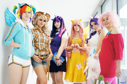 Size: 1280x849 | Tagged: safe, artist:burloire, artist:kalasnacks, artist:panda treats, artist:positori, artist:rose0fmay, derpibooru import, applejack, fluttershy, pinkie pie, rainbow dash, rarity, twilight sparkle, human, cosplay, irl, irl human, mane six, photo