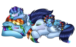 Size: 1024x634 | Tagged: safe, artist:northlights8, derpibooru import, rainbow dash, soarin', oc, oc:brisk dawn, oc:tidal breeze, pegasus, pony, female, foal, male, mare, offspring, parent:rainbow dash, parent:soarin', parents:soarindash, pony pillow, shipping, simple background, sleeping, soarindash, stallion, straight, transparent background