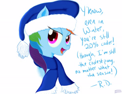 Size: 2560x1980 | Tagged: safe, artist:aerialift, rainbow dash, pegasus, pony, clothes, hat, looking at you, scarf, solo, winter outfit