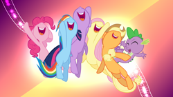 Size: 1920x1080 | Tagged: safe, derpibooru import, applejack, fluttershy, pinkie pie, rainbow dash, spike, twilight sparkle, twilight sparkle (alicorn), alicorn, dragon, earth pony, pegasus, pony, wallpaper