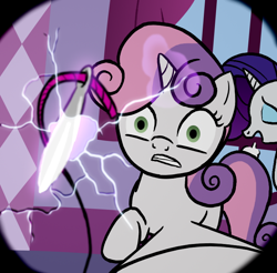 Size: 700x690 | Tagged: safe, artist:lightbulb, rarity, sweetie belle, pony, unicorn, fourth wall, fourth wall destruction, needle, thread