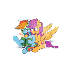 Size: 1200x1000 | Tagged: safe, artist:redheadfly, derpibooru import, rainbow dash, scootaloo, pegasus, pony, blushing, book, female, lesbian, scootadash, shipping, simple background, spread wings, sticker, transparent background, wingboner, wings