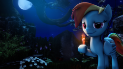 Size: 4000x2250 | Tagged: safe, artist:redaceofspades, derpibooru import, rainbow dash, pegasus, pony, 3d, hoof hold, moon, mountain, night, plant, poster, solo, source filmmaker, torch