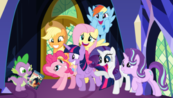 Size: 4000x2250 | Tagged: safe, derpibooru import, applejack, fluttershy, pinkie pie, rainbow dash, rarity, spike, starlight glimmer, twilight sparkle, twilight sparkle (alicorn), alicorn, dragon, earth pony, pegasus, pony, unicorn, kubo and the two strings