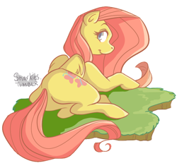 Size: 658x627 | Tagged: safe, artist:snarkies, fluttershy, pegasus, pony, female, folded wings, grass, looking at you, looking back, looking back at you, mare, profile, prone, rear view, simple background, smiling, solo, white background, wings