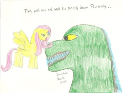 Size: 800x615 | Tagged: safe, fluttershy, kaiju, pegasus, pony, crossover, godzilla, godzilla (series), godzilla is gray, this will end in tears