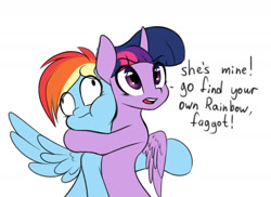 Size: 1280x931 | Tagged: safe, artist:elzzombie, derpibooru import, rainbow dash, twilight sparkle, twilight sparkle (alicorn), alicorn, pegasus, pony, choking, dialogue, female, hug, irony, lesbian, mare, neck hug, open mouth, shipping, simple background, twidash, vulgar, white background