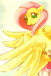 Size: 750x1125 | Tagged: safe, artist:si1vr, fluttershy, pegasus, pony, bright, female, looking at you, mare, smiling, solo, spread wings, wings