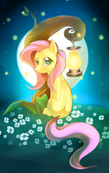 Size: 1281x2031 | Tagged: safe, artist:si1vr, fluttershy, firefly (insect), pegasus, pony, female, flower, folded wings, head turn, lantern, looking at you, looking back, looking back at you, mare, moon, night, rear view, sitting, solo