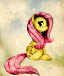 Size: 1704x2020 | Tagged: safe, artist:si1vr, fluttershy, pegasus, pony, abstract background, female, fluffy, folded wings, looking at you, looking sideways, mare, profile, sitting, smiling, solo, wings