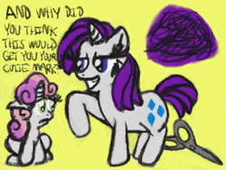 Size: 640x480 | Tagged: safe, rarity, sweetie belle, pony, unicorn, female, filly, haircut, horn, mare, scissors, siblings, sisters