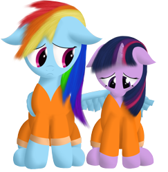 Size: 2466x2532 | Tagged: safe, artist:waveywaves, rainbow dash, twilight sparkle, pegasus, pony, clipped wings, clothes, comforting, female, floppy ears, frown, hug, lesbian, prison, prison outfit, prisoner rd, prisoner ts, sad, shipping, sitting, twidash, winghug