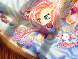 Size: 790x600 | Tagged: safe, artist:passionatestar, angel bunny, fluttershy, pegasus, pony, bathrobe, clothes, morning ponies, robe