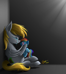 Size: 1955x2200 | Tagged: safe, artist:duskie-06, derpibooru import, rainbow dash, oc, oc:cutting chipset, pegasus, pony, crying, leaning back, male, not derpy, plushie, sad, signature, sitting, solo, stallion, sunlight, yellow mane