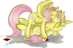 Size: 1107x730 | Tagged: safe, artist:arnachy, butterscotch, fluttershy, pegasus, pony, fanfic:on a cross and arrow, female, flutterscotch, kissing, male, rule 63, selfcest, shipping, straight