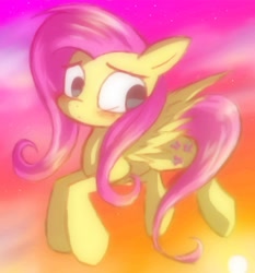Size: 784x841 | Tagged: safe, artist:missbutlerart, fluttershy, pegasus, pony, blushing, female, flying, looking away, looking down, mare, sky, solo, spread wings, three quarter view, wings