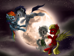 Size: 2864x2160 | Tagged: safe, artist:neko-me, rainbow dash, soarin', oc, pegasus, pony, female, flying, full moon, male, moon, night, old cutie mark, shipping, soarindash, straight