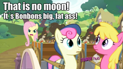 Size: 800x448 | Tagged: safe, edit, edited screencap, screencap, bon bon, cherry berry, fluttershy, sweetie drops, pegasus, pony, putting your hoof down, flutterbitch, fluttershy vs bon bon, hub logo, insult