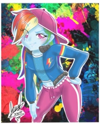 Size: 800x999 | Tagged: safe, artist:janadashie, derpibooru import, rainbow dash, equestria girls, spoiler:eqg specials, backwards ballcap, baseball cap, belly button, blushing, cap, clothes, cute, dashabetes, eye clipping through hair, female, hat, looking at you, midriff, pants, rapper, rapper dash, signature, solo