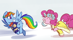 Size: 1100x611 | Tagged: safe, artist:heartwoozy, artist:professor-ponyarity, derpibooru import, pinkie pie, rainbow dash, earth pony, pegasus, pony, bowtie, chase, clothes, cute, dashabetes, diapinkes, feather, ivory sbirt, rainbow sass, sassapinkes, shirt, snowdash, spirit of hearth's warming presents, this will end in tickles, waistcoat