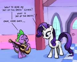 Size: 1000x805 | Tagged: safe, artist:gsphere, rarity, spike, dragon, pony, unicorn, art of the dress, female, guitar, male, musical instrument, playing guitar, playing instrument, shipping, song, song cover, sparity, straight