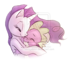 Size: 600x484 | Tagged: safe, artist:savagebinn, rarity, spike, dragon, pony, unicorn, deviantart watermark, eyes closed, fangs, female, hug, interspecies, male, mare, obtrusive watermark, shipping, sparity, straight, watermark