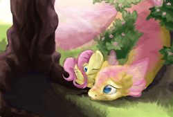 Size: 1334x900 | Tagged: safe, artist:bedupolker, fluttershy, dragon, cute, dragonified, flutterdragon, prone, self ponidox, smiling, species swap, tree, wink