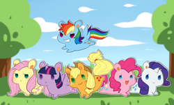 Size: 668x404 | Tagged: safe, artist:mousu, derpibooru import, applejack, fluttershy, pinkie pie, rainbow dash, rarity, twilight sparkle, twilight sparkle (alicorn), alicorn, earth pony, pegasus, pony, unicorn, chibi, mane six