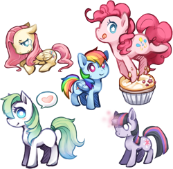 Size: 497x486 | Tagged: safe, artist:mousu, derpibooru import, fluttershy, pinkie pie, rainbow dash, twilight sparkle, oc, earth pony, pegasus, pony, food, heart, muffin, tongue out