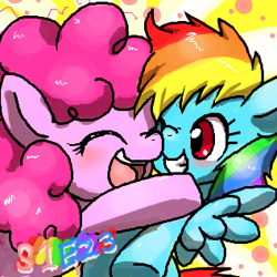 Size: 317x317 | Tagged: safe, artist:yajima, derpibooru import, pinkie pie, rainbow dash, earth pony, pegasus, pony, the cutie mark chronicles, female, filly, hug, lesbian, pinkiedash, pixiv, shipping