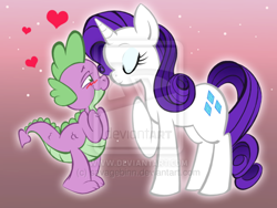 Size: 600x452 | Tagged: safe, artist:savagebinn, rarity, spike, dragon, pony, unicorn, blushing, deviantart watermark, eyes closed, female, heart, interspecies, male, mare, obtrusive watermark, shipping, sparity, straight, watermark